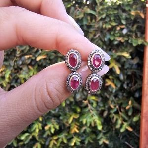 Natural ruby and Diamond Halo Drop Earrings 925